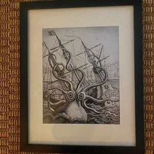 Kraken framed art - black lament frame w glass 12x18”